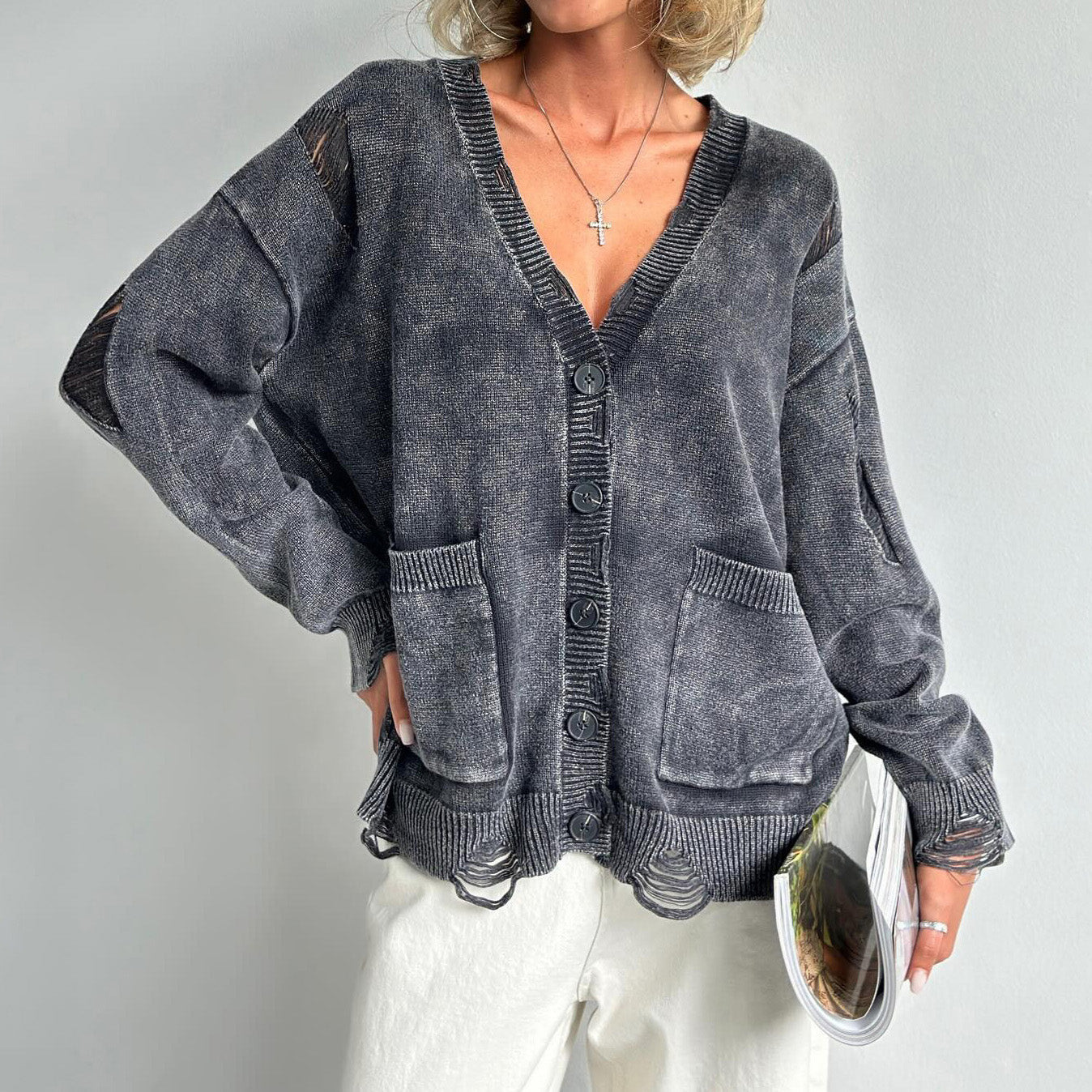 Damen Pullover Baumwolle V-Ausschnitt Taschen - IdealeKleiden