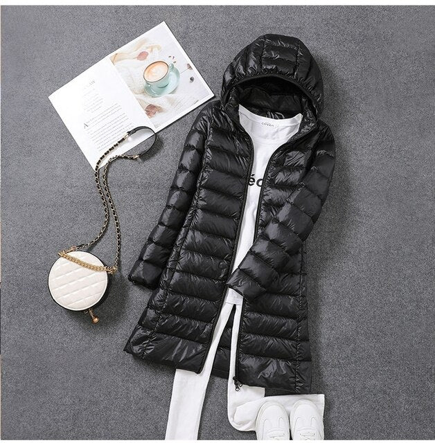 Winterdaunenjacke Damen Lang Elegant Kapuze