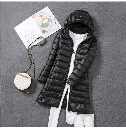 Winterdaunenjacke Damen Lang Elegant Kapuze