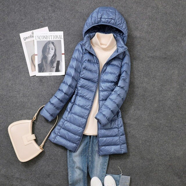 Winterdaunenjacke Damen Lang Elegant Kapuze