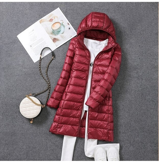 Winterdaunenjacke Damen Lang Elegant Kapuze