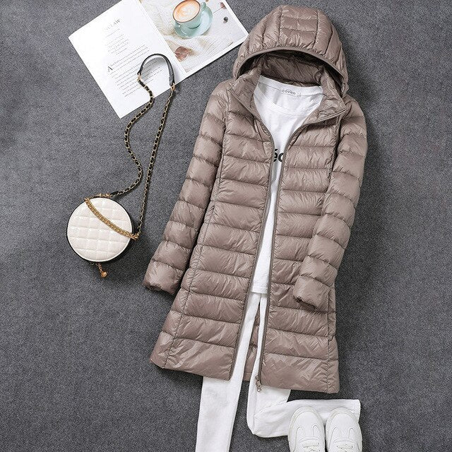 Winterdaunenjacke Damen Lang Elegant Kapuze