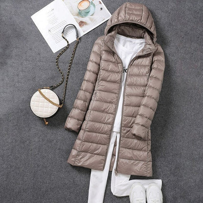 Winterdaunenjacke Damen Lang Elegant Kapuze