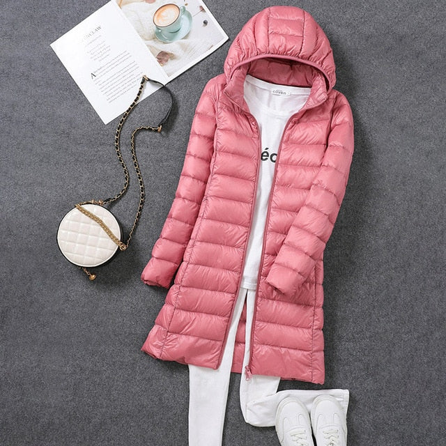 Winterdaunenjacke Damen Lang Elegant Kapuze