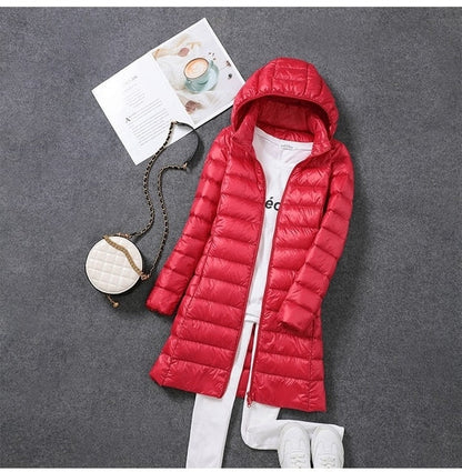 Winterdaunenjacke Damen Lang Elegant Kapuze