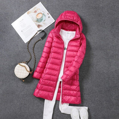 Winterdaunenjacke Damen Lang Elegant Kapuze - IdealeKleiden