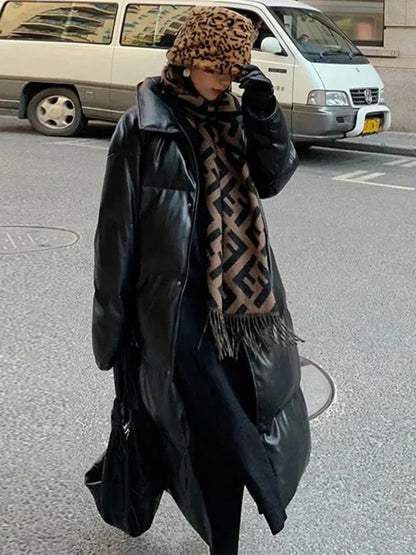 Leder-Pufferjacke Lang Damen Gürtel