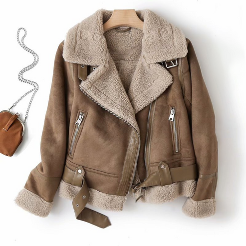 Lederjacke Damen Faux Pelz Bikerstyle Gürtel