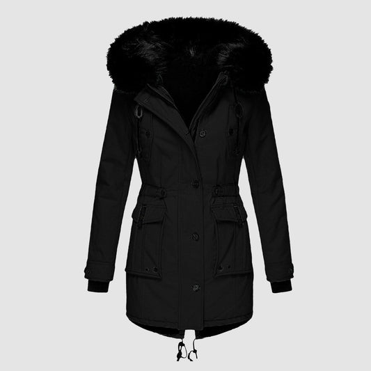 Eleganter Damenmantel Mittellang Kunstpelz Kapuze - IdealeKleiden