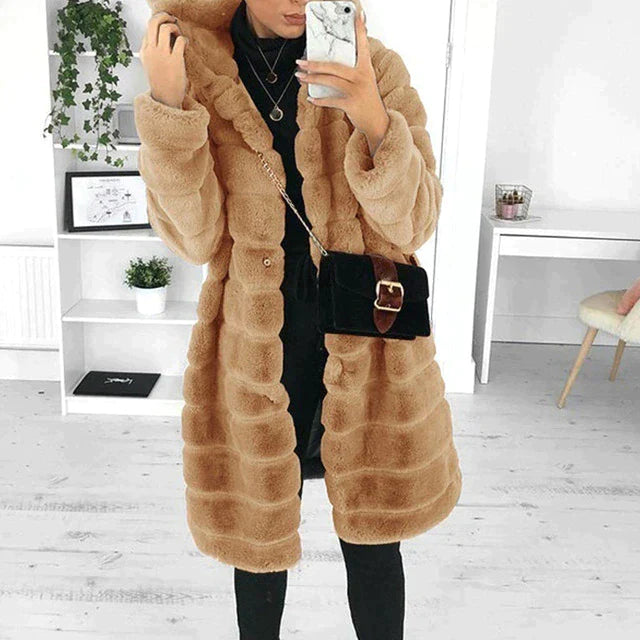 Damen Winterjacke Lang Teddy Mantel Kapuze