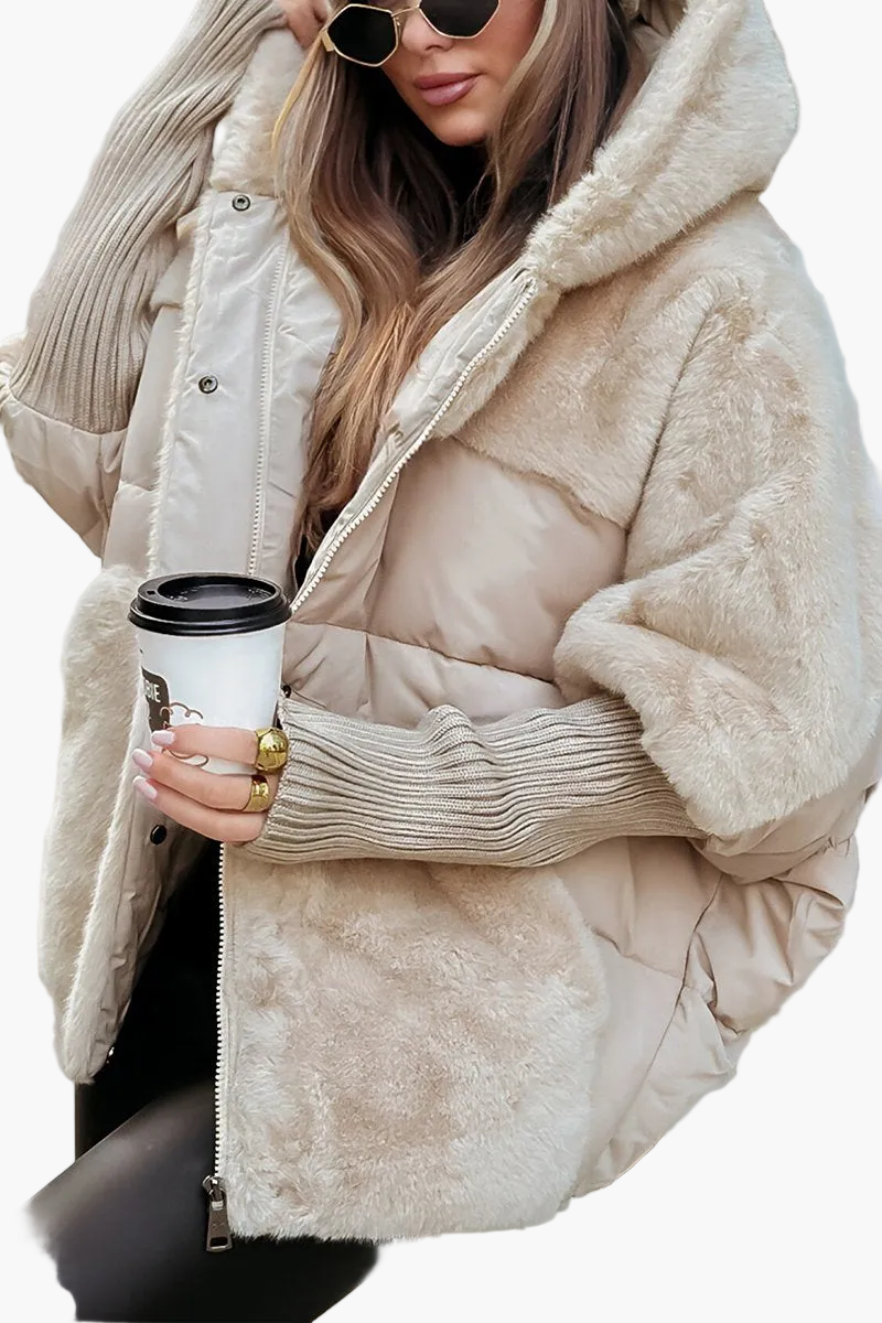 Damen Winterjacke Teddyfleece Kapuze Warm