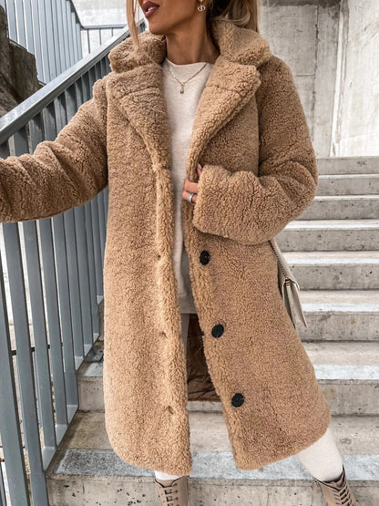 Langer Teddy-Mantel Weich Fleece Kapuze Knopfverschluss