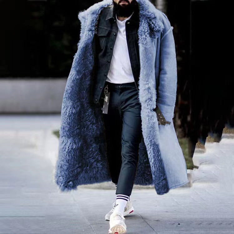 Herren Wintermantel Lang Warm Kunstpelz