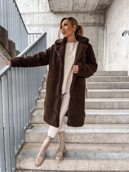 Langer Teddy-Mantel Weich Fleece Kapuze Knopfverschluss