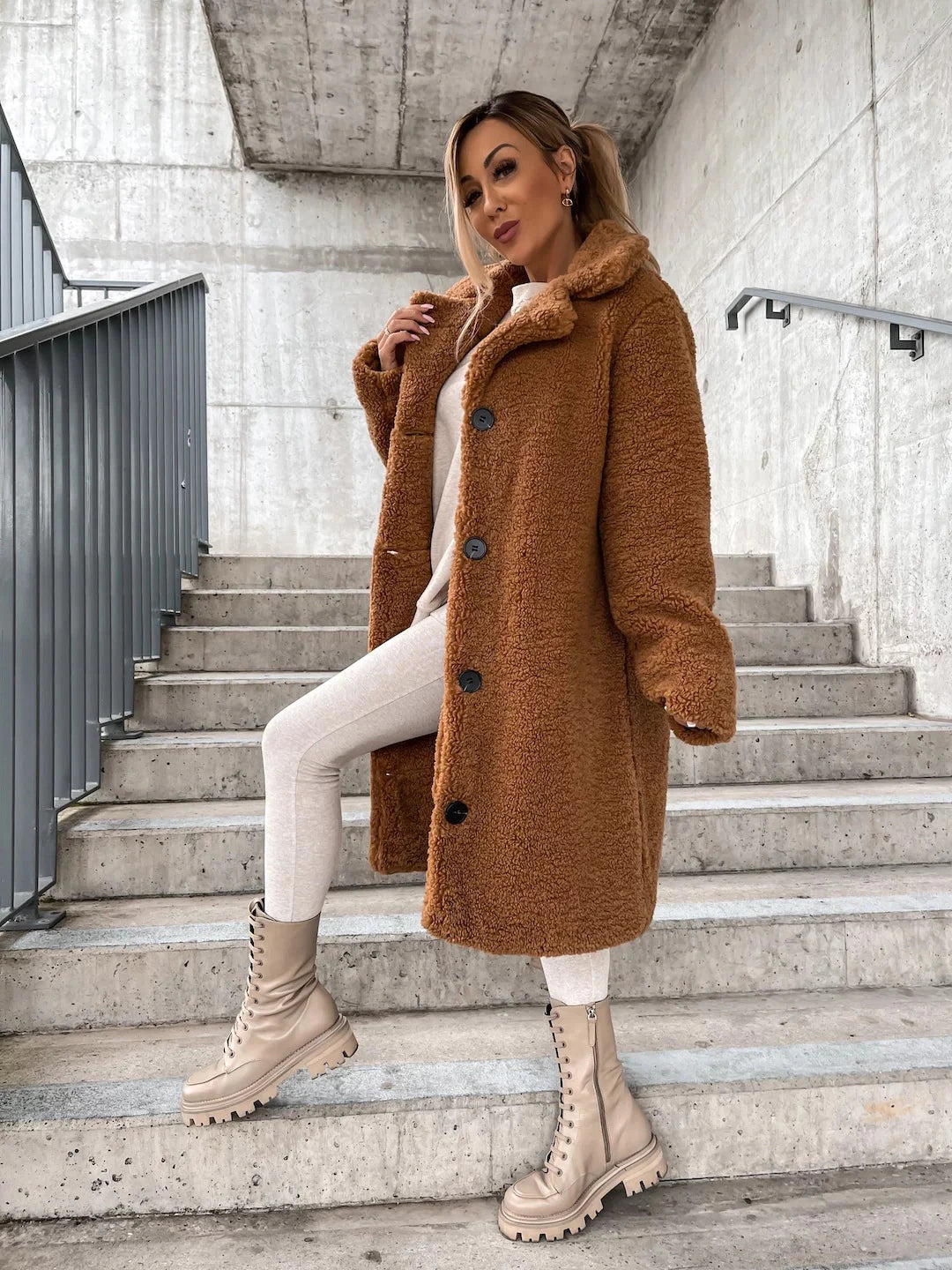 Langer Teddy-Mantel Weich Fleece Kapuze Knopfverschluss
