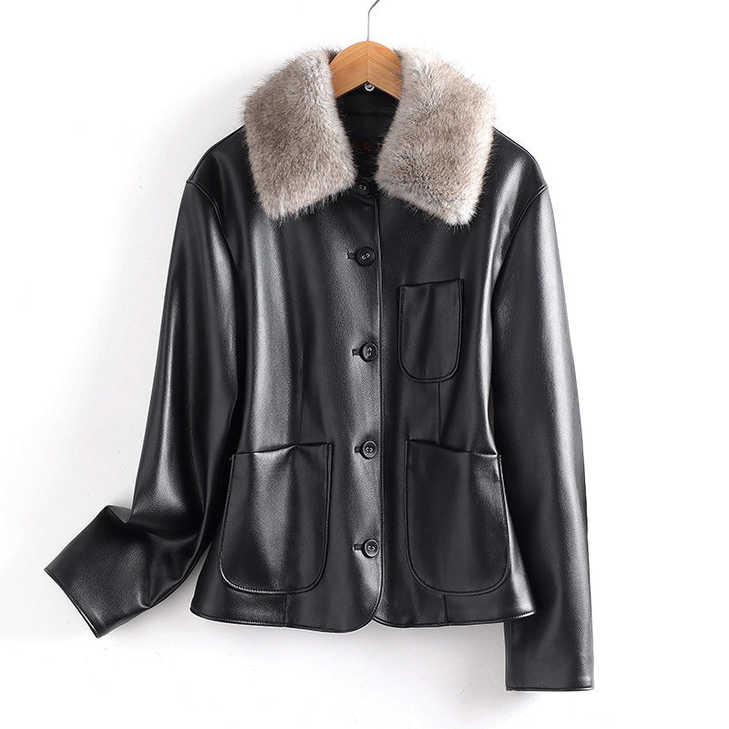 Lederjacke Damen Elegant Pelz Kragen Taschen