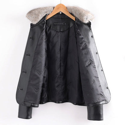 Lederjacke Damen Elegant Pelz Kragen Taschen - IdealeKleiden