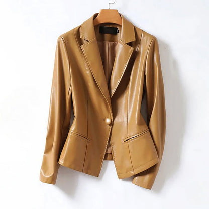 Elegante Lederjacke Ein-Knopf Blazer Design