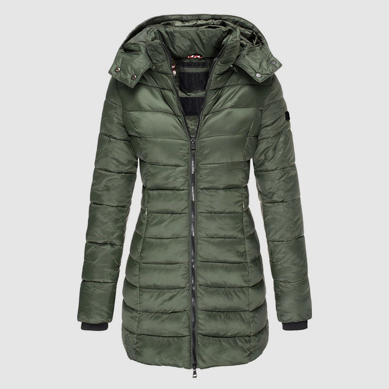 Lange Damenpufferjacke Slim Fit Kapuze