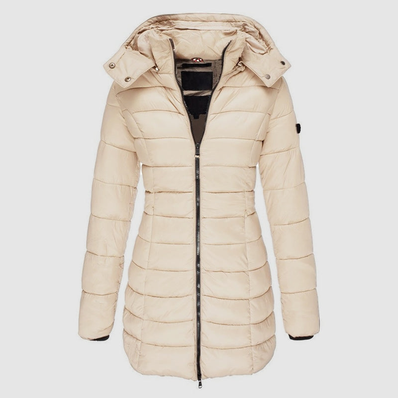 Lange Damenpufferjacke Slim Fit Kapuze