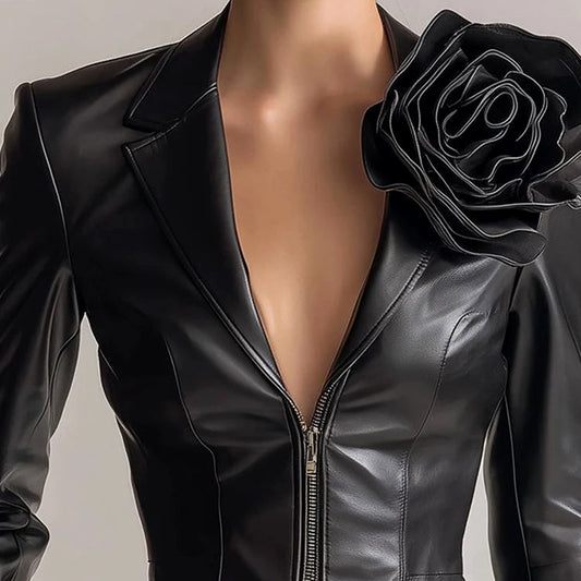 Stylische Lederjacke Slim Fit Blumenmuster - IdealeKleiden