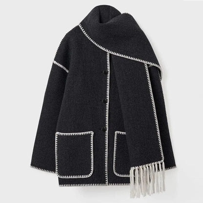 Stylische Wollmantel Damen Kontrast Besatz - IdealeKleiden