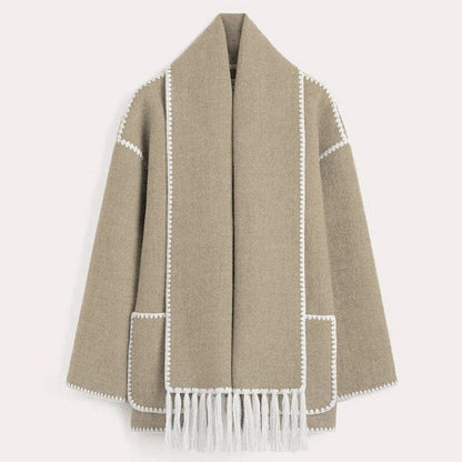 Stylische Wollmantel Damen Kontrast Besatz