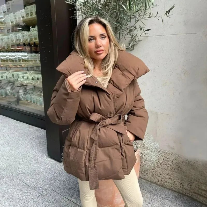 Damen Steppmantel Lang Winter Warm mit Gürtel