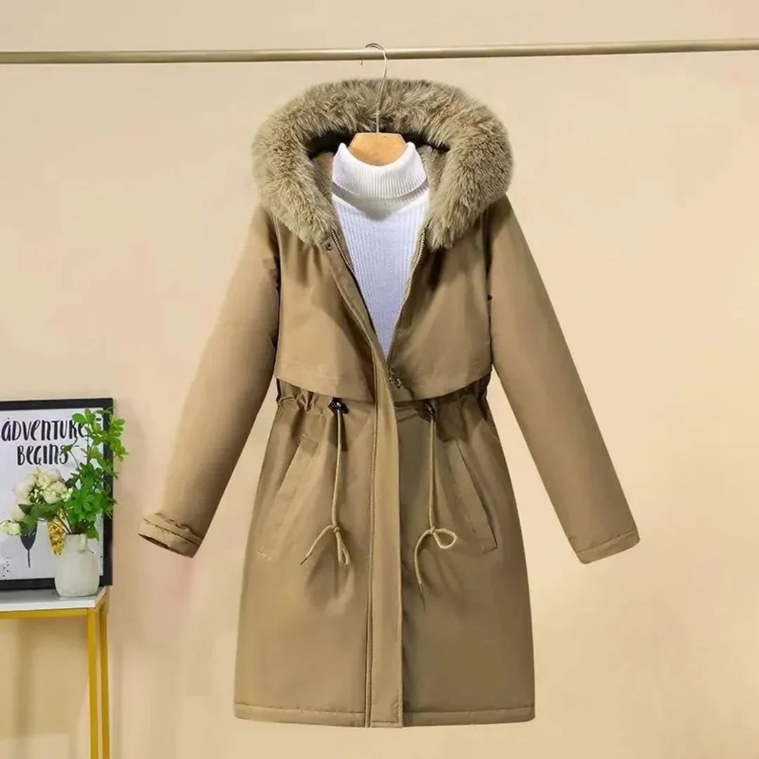 Eleganter Wintermantel Lang Kunstfell Kapuze