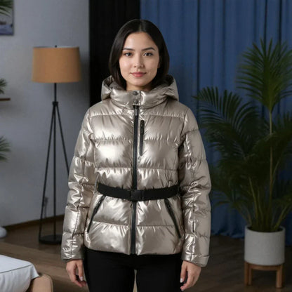 Warm gefütterte Steppjacke Damen Kapuze Gürtel