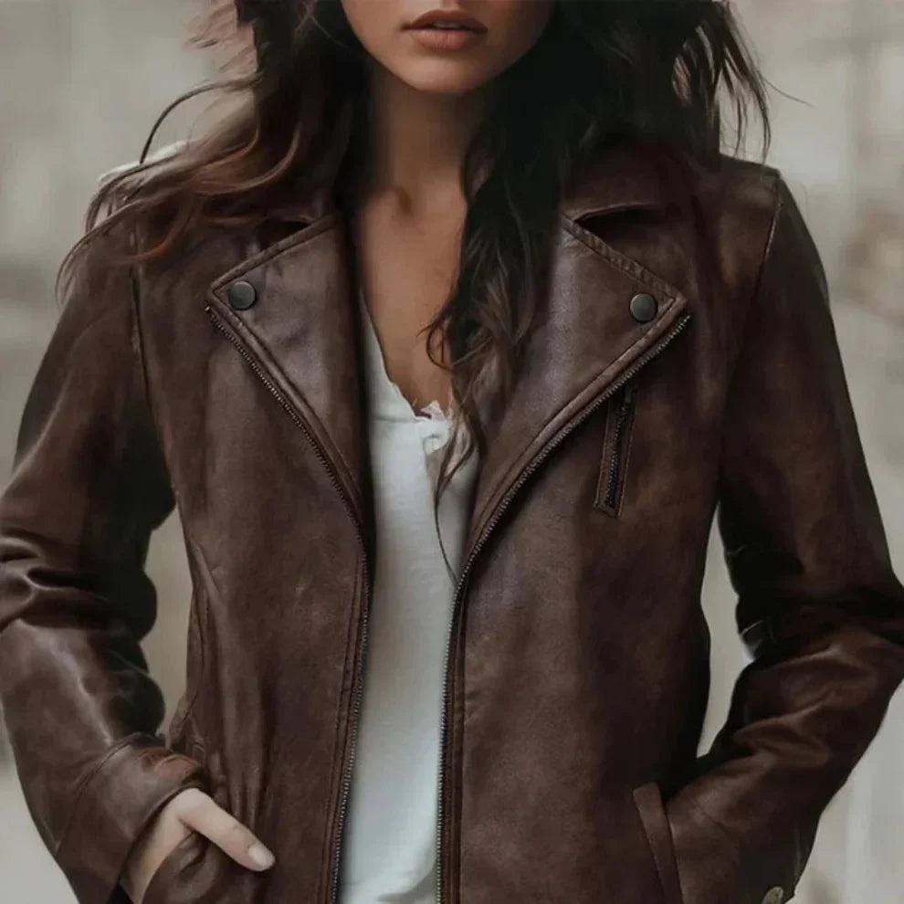 Lederjacke Damen Bikerstyle Retro Look - IdealeKleiden