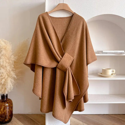 Stylisher Wollponcho mit Gürtel - Knielanger Umhang für Damen