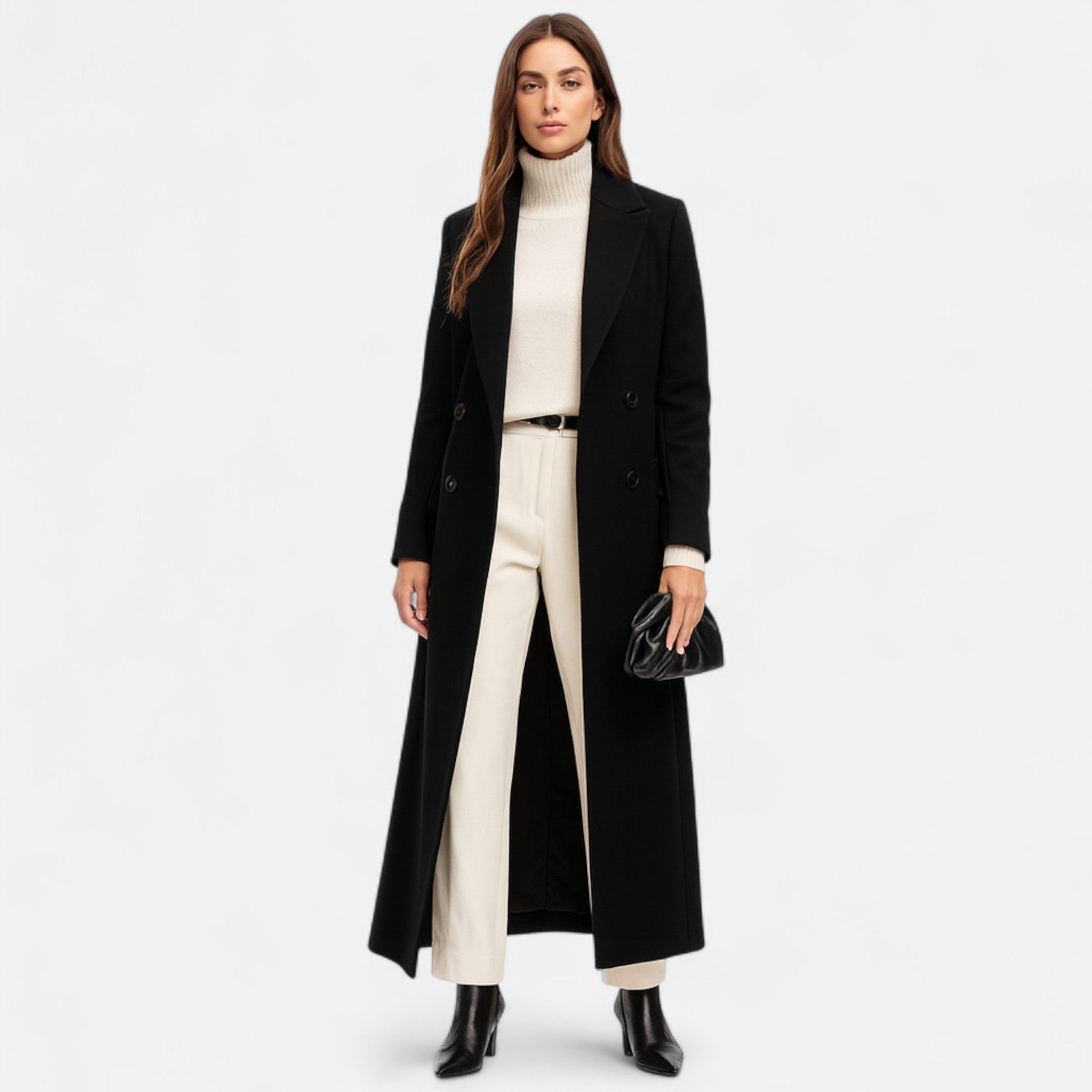 Schwarzer Maxi-Mantel Damen Elegant Reverskragen - IdealeKleiden