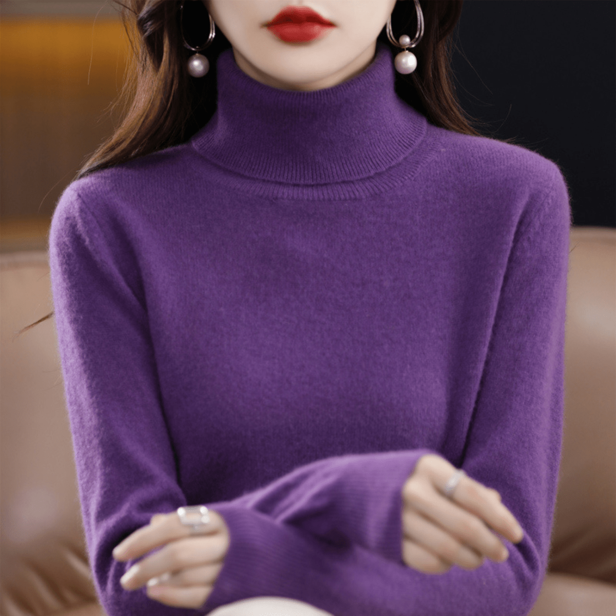 Damen Strickpullover Klassisch Warm Rollkragen