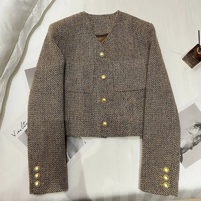Damen Blazer Kurz Kragenlos Elegent - IdealeKleiden