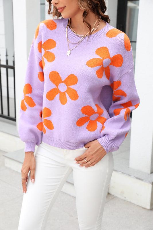 Damen Pullover Herbst Floral Rundhals