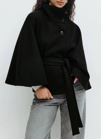 Frauen Frühjahrsmantel Cape-Style mit Gürtel und Stehkragen