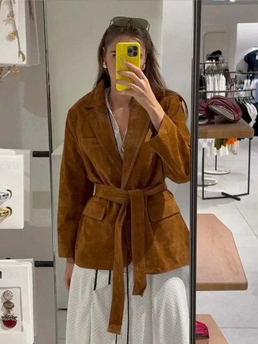 Herbst Mantel Damen - Lederjacke Chic mit Gürtel - IdealeKleiden
