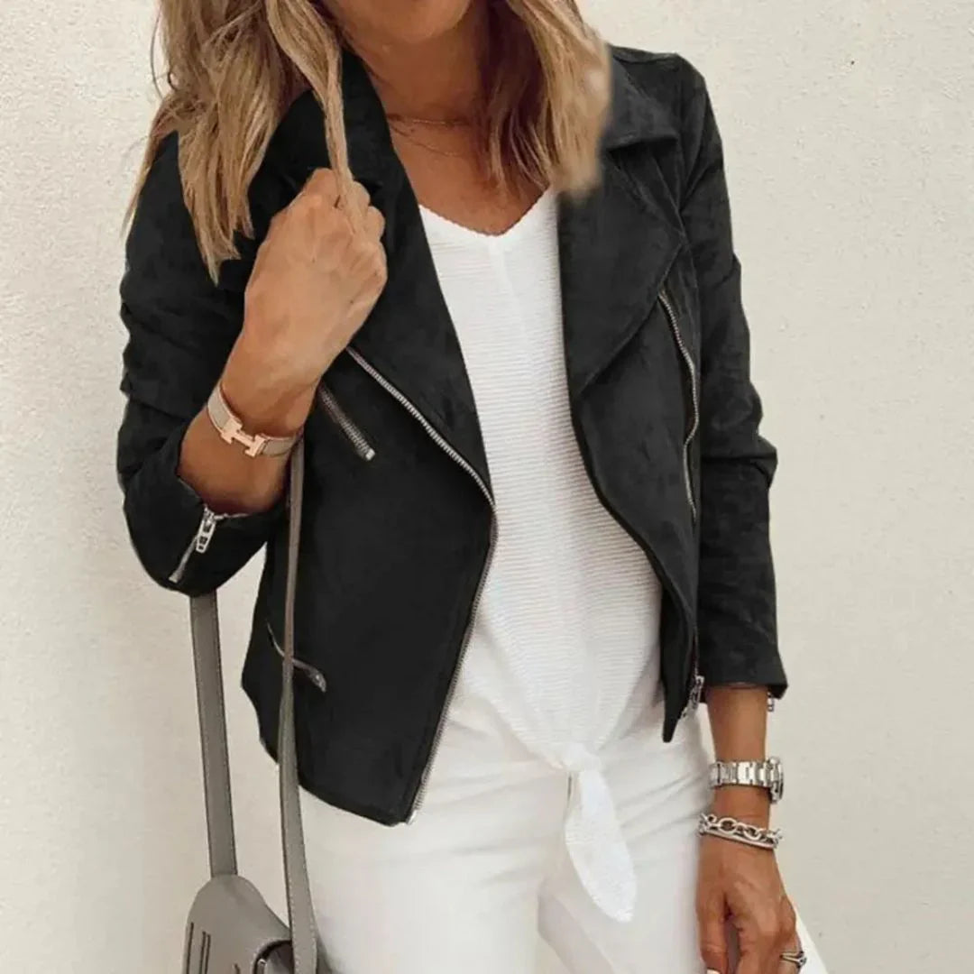 Stylische Lederjacke Frauen - Faux Wildleder Bikerjacke Mit Asymmetrischem Reißverschluss