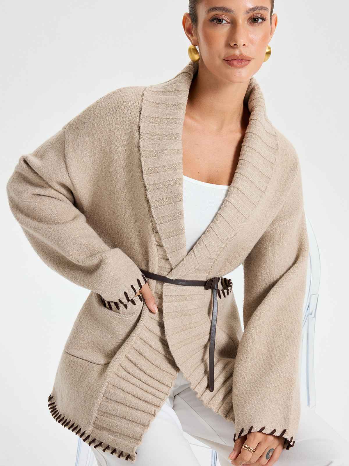 Wintermantel Damen Strick Gürtel-Warm