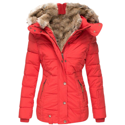 Warmes Winterkleid | Damenmantel mit Fellkragen und Steppnähten