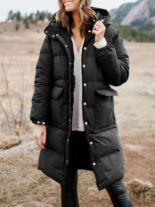 Warmes Winterkleid | Schwarzer Puffermantel Kapuze Polsterung Herbst Winter - IdealeKleiden