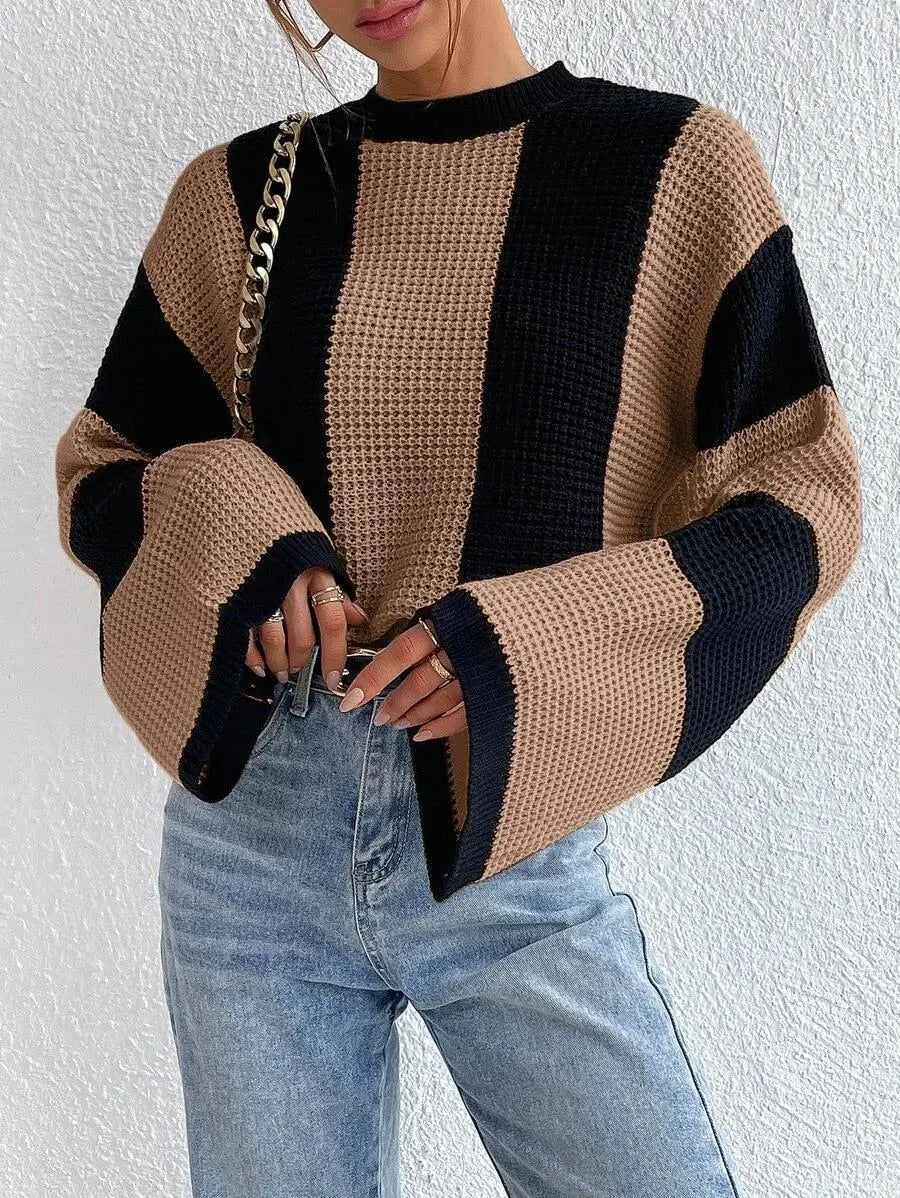 Moderner Bicolor Pullover Weite Ärmel