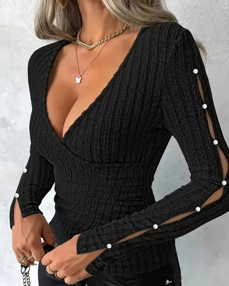 Elegantes Kleid V-Ausschnitt mit Perlenbesatz