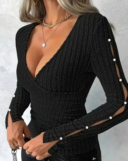 Elegantes Kleid V-Ausschnitt mit Perlenbesatz