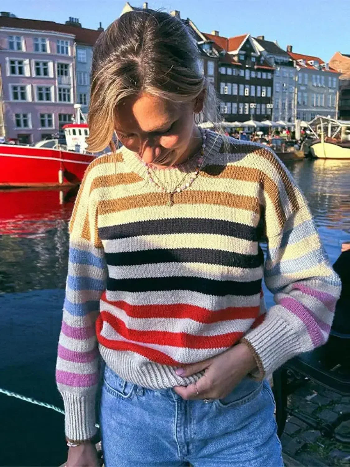 Farbenfroher Streifenpullover Rundhals Vintage Style - IdealeKleiden