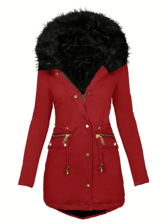 Winter-Parka Mantel mit Kunstfell-Kapuze und Kordelzug