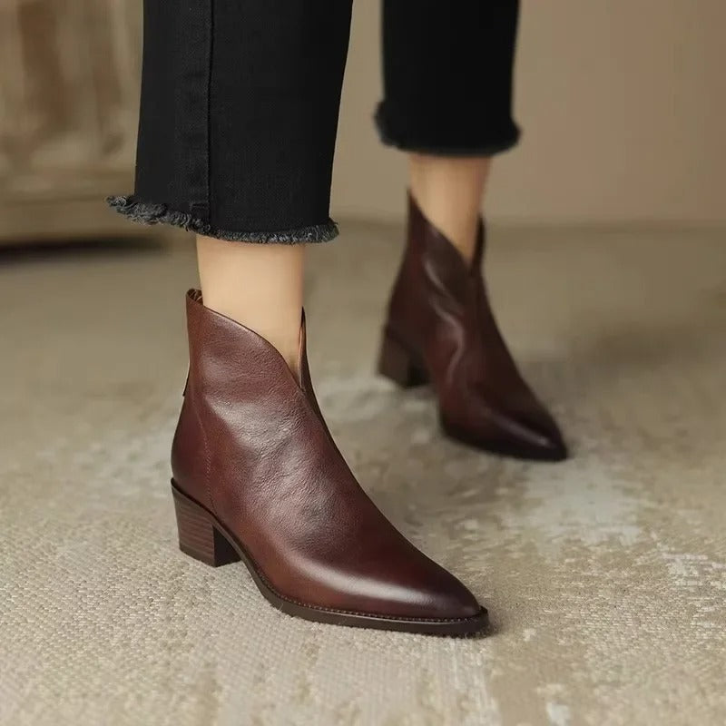 Elegante Stiefeletten Leder Spitze Mid Heel Damen Schuhe