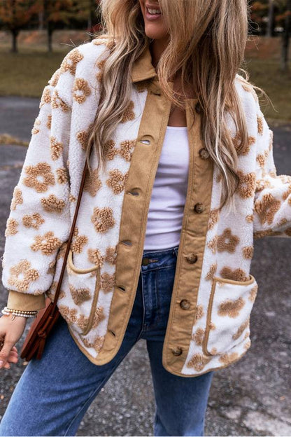 Französische Fleecejacke Beige Blumenmuster Soft