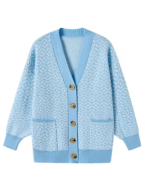 Stilvoller Strickcardigan Geometrisches Muster Knöpfe